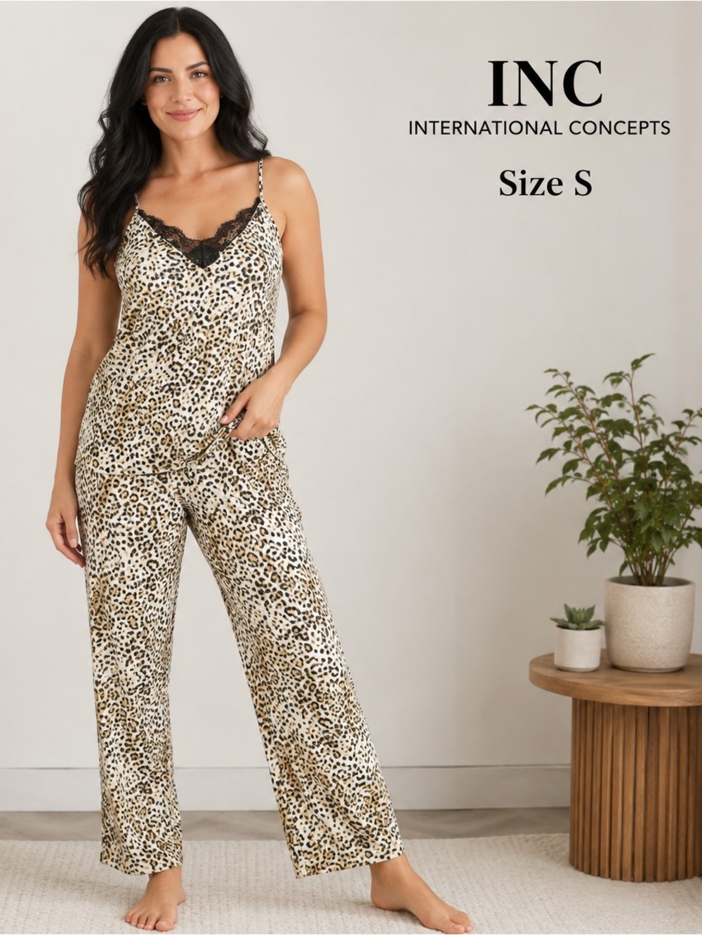 INC knit lace-trim Cami pajama set / size S leopard print romantic feminine cozy